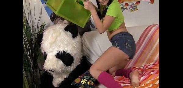  Hot brunette has real fuck with Panda bear